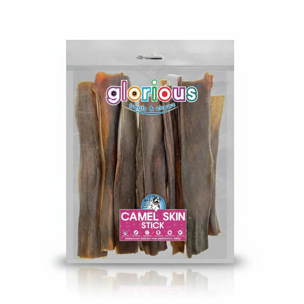 Package of camel skin sticks with 'glorious treats & chews' branding on a white background.