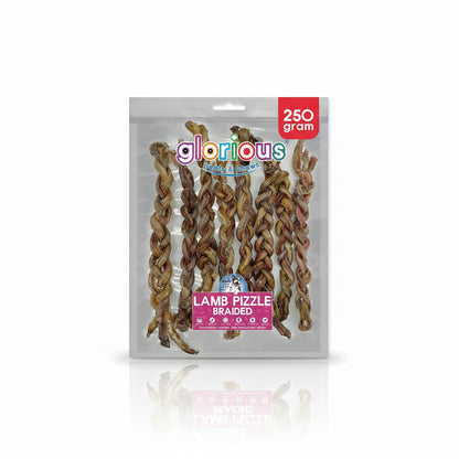 Packaging of Lamb Pizzle Sticks dog treat, showing the product inside a transparent plastic bag with branding and weight indication (250 grams).