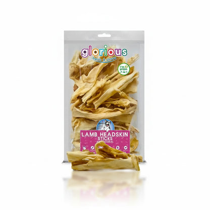 Packaging of Lamb Headskin Sticks for dogs, showing the product through a clear window, with branding and labeling visible.