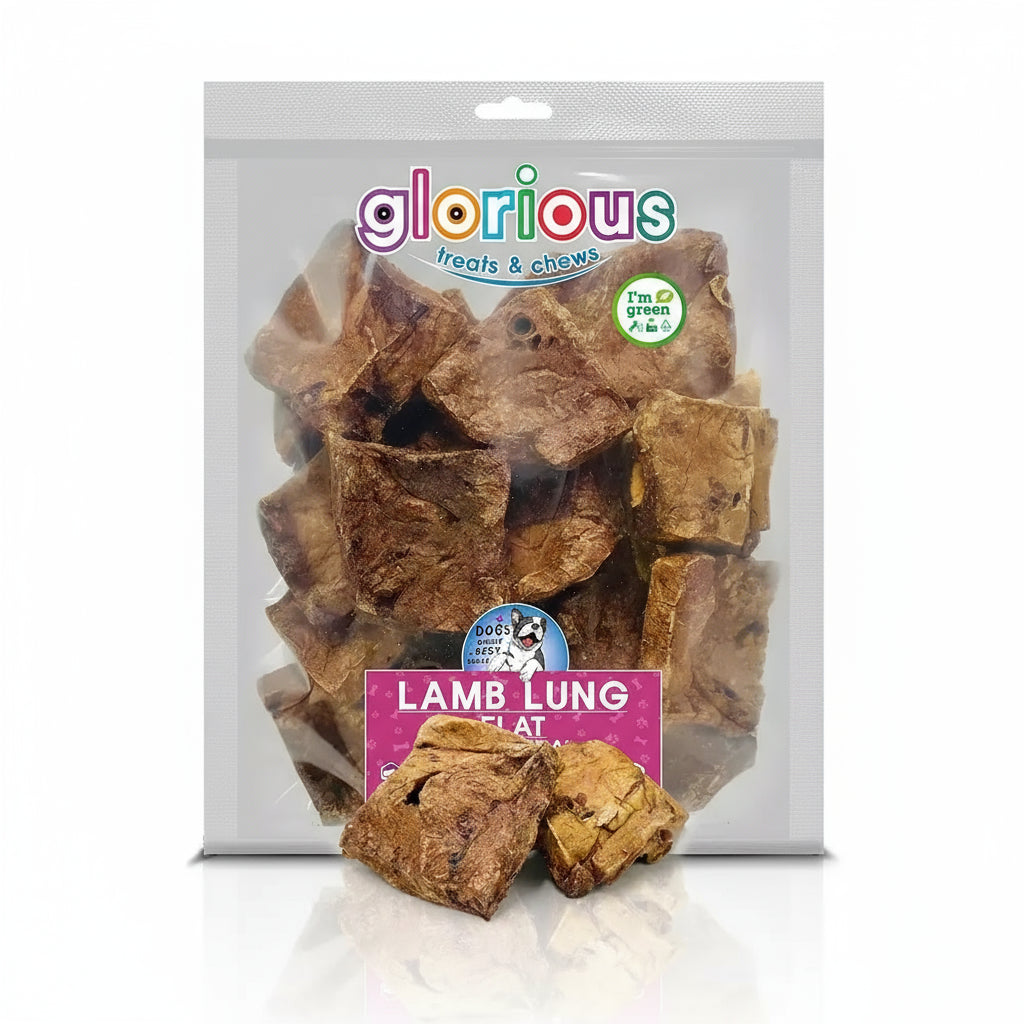 A pack of Glorious brand natural lamb lung treats for dogs, with a few pieces visible outside the packaging.